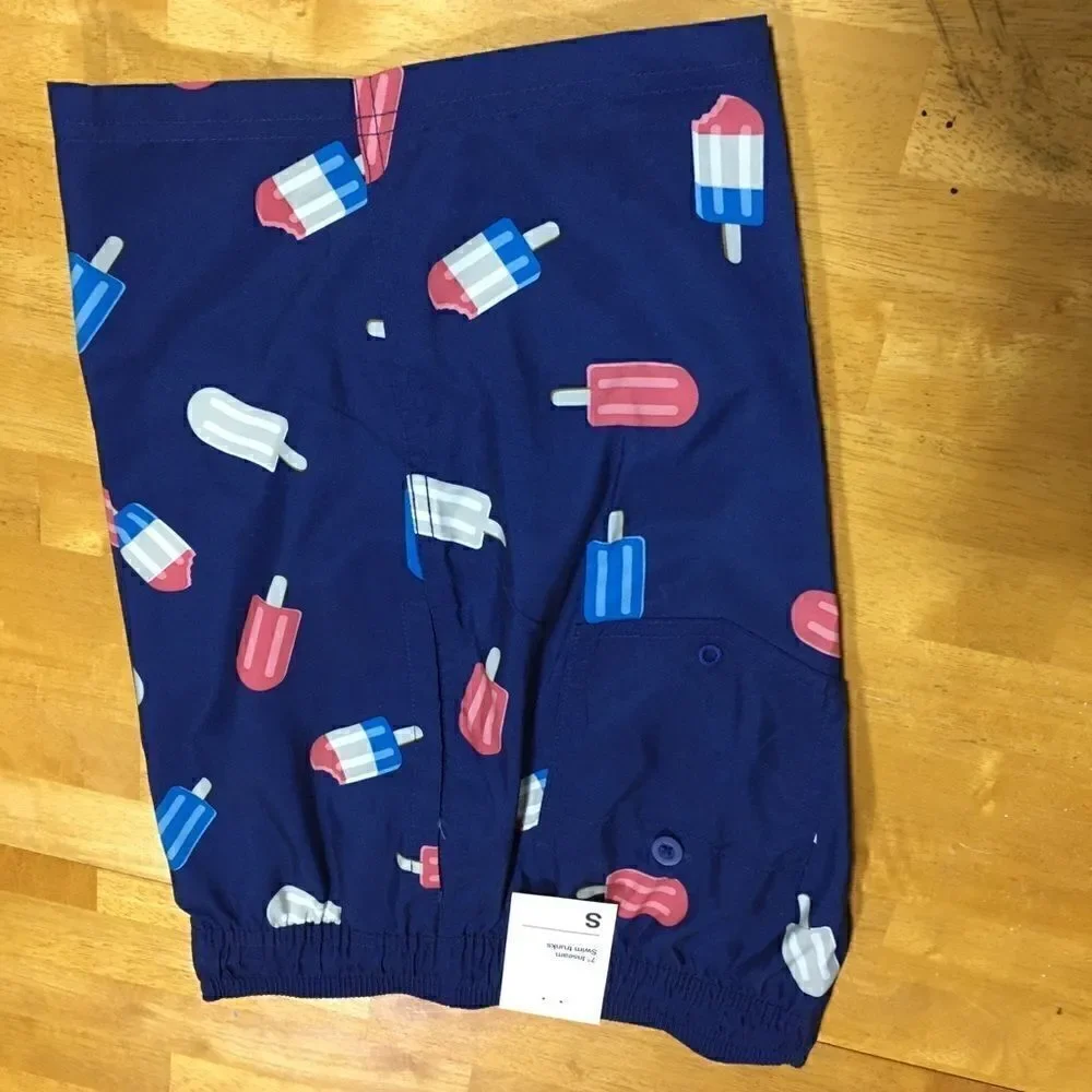 Small swim trunks red white blue popsicles ice cream NWT 100% polyest…